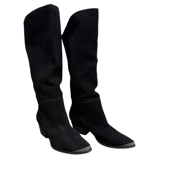 Vintage Y2K 90’s Slouchy Black Western Boho Slouchy Suede Silver Toe Tap Boots - Picture 3 of 16